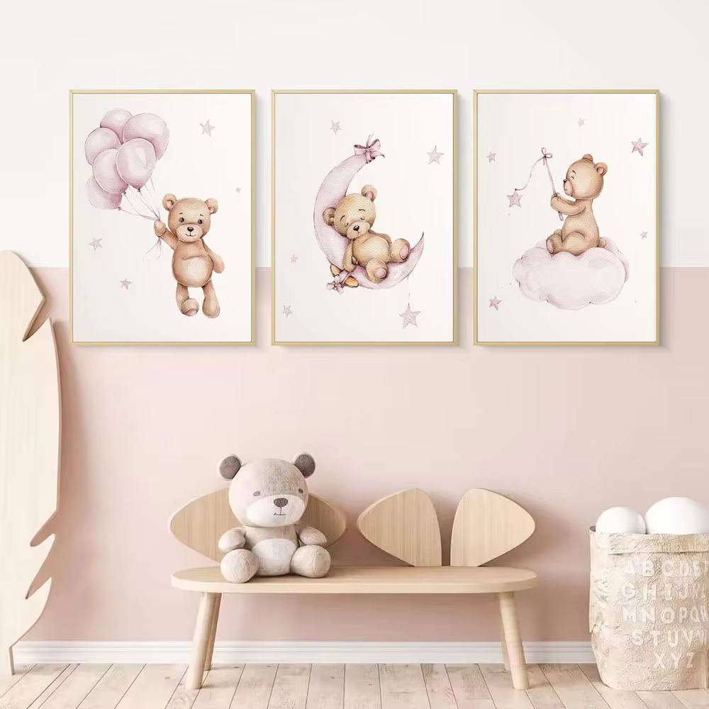 Baby Nursery Decor Girl - Berenspeelkamer Wanddecoratie Teddybeer Canvas Wandkunst Baby